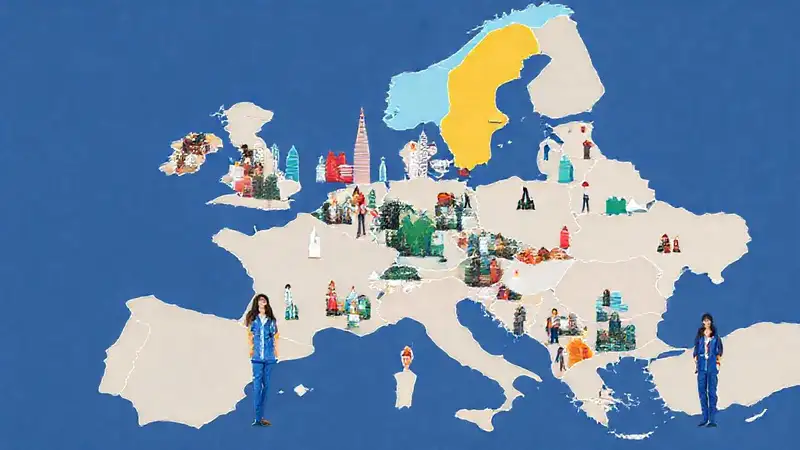 Mapa europeo con estudiantes en entornos diversos