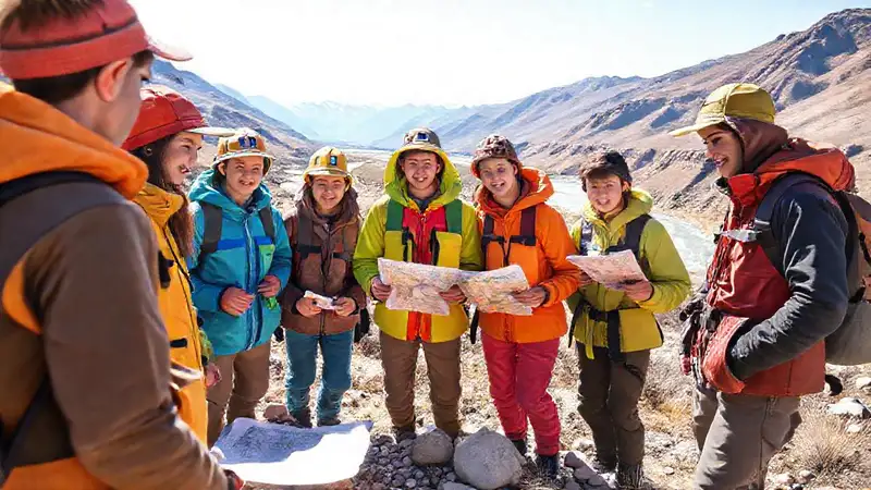 Jóvenes voluntarios en campo geológico vibrante