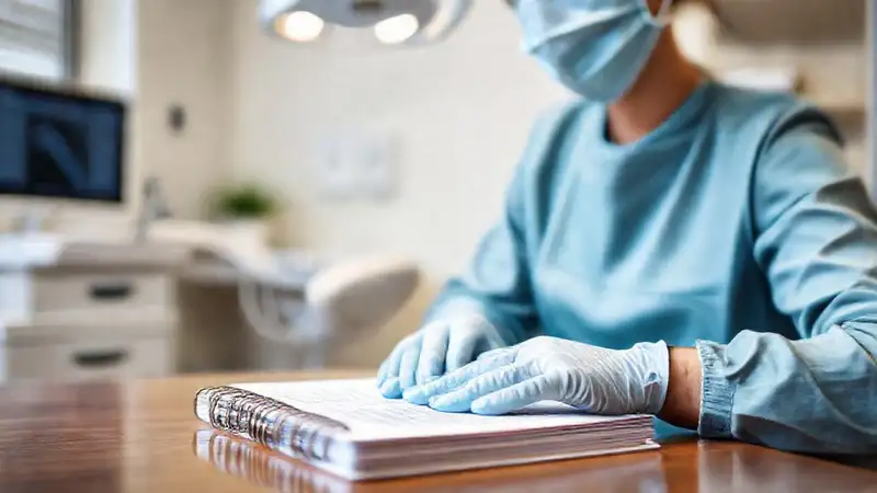 Dentista con guantes protege confidencialidad del paciente