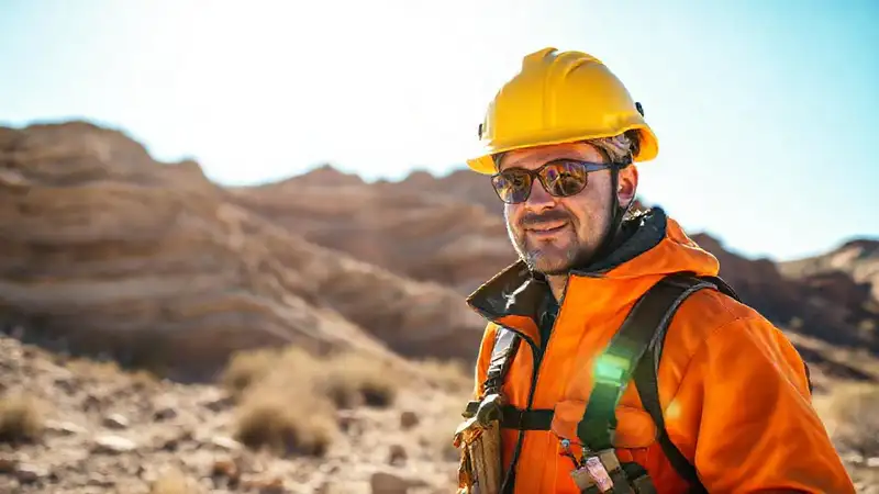 Geólogo en terreno natural con equipo de seguridad