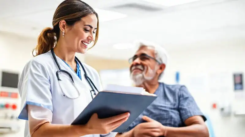 Enfermera revisando paciente en hospital moderno