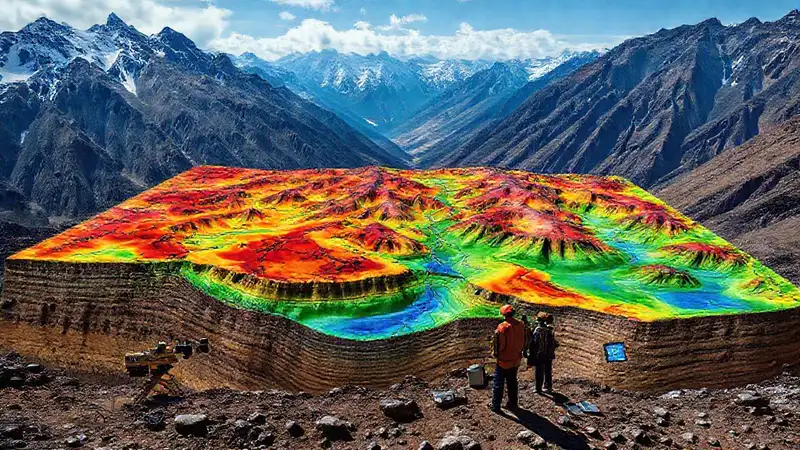 Mapa geológico y equipo en exploración científica