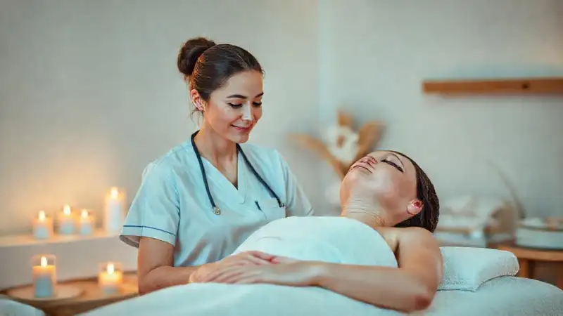 Enfermera se cuida en spa relajante y pacífico