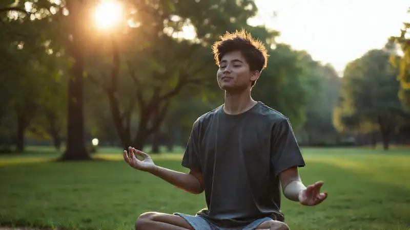 Estudiante meditando en parque tranquilo y sereno