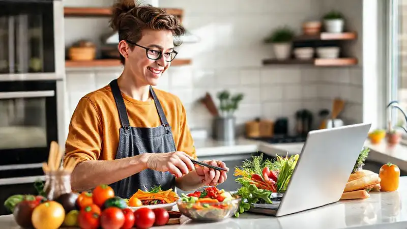 Estudiante saludable prepara comidas coloridas y rápidas