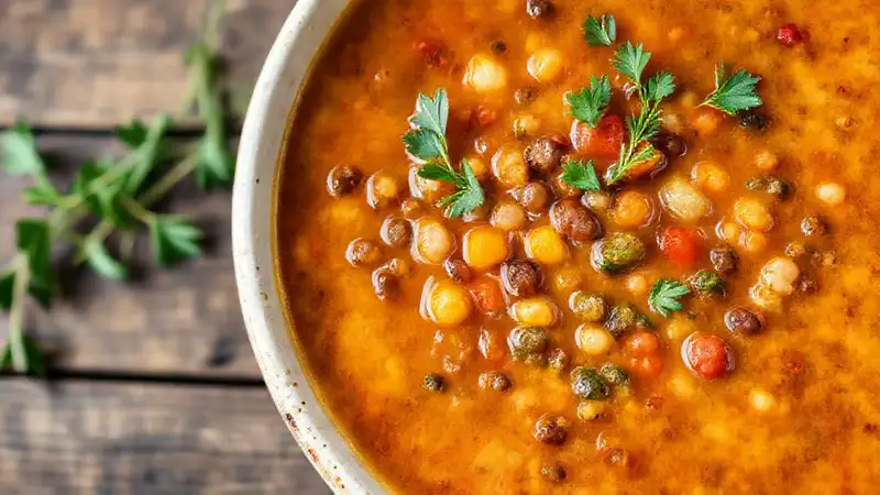 Sopa de lentejas con vegetales y hierbas