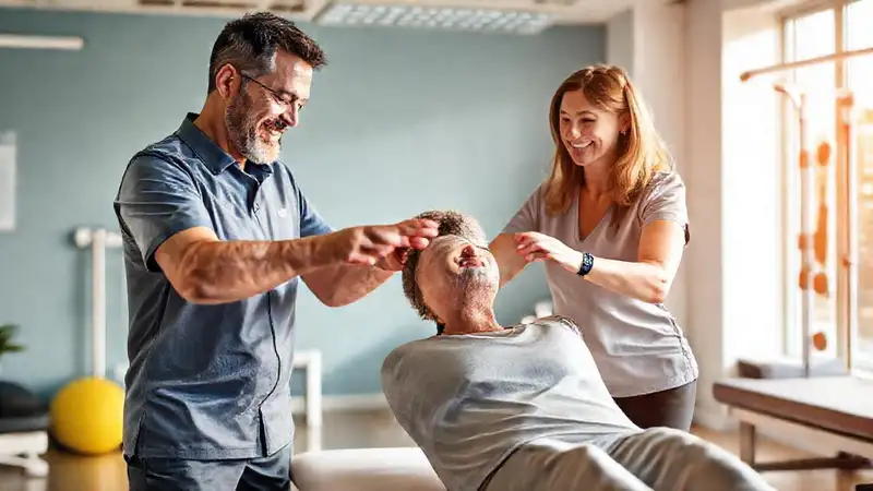 Paciente en fisioterapia en clínica moderna y luminosa