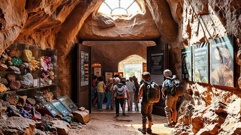 Entrada del sitio, museo, fósiles, minerales y visitantes