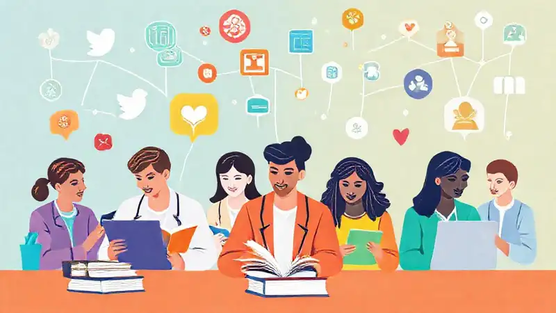 Iconos sociales, estudiantes, tecnología, diseño vibrante