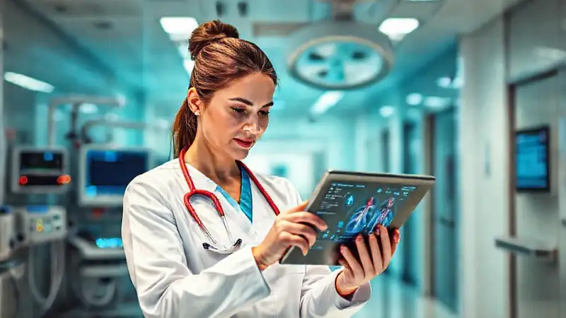 Enfermera usando software avanzado en hospital moderno