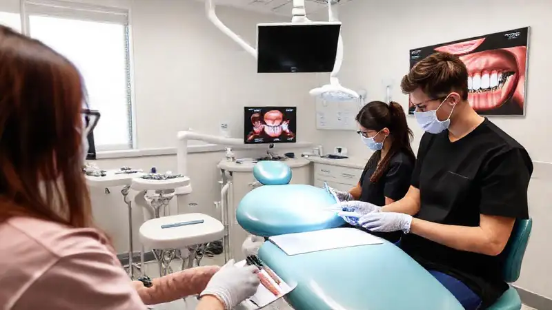 Sesión práctica de odontología en aula moderna