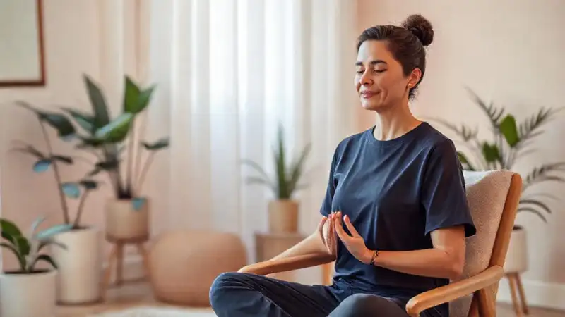 Terapeuta en calma meditando en ambiente tranquilo