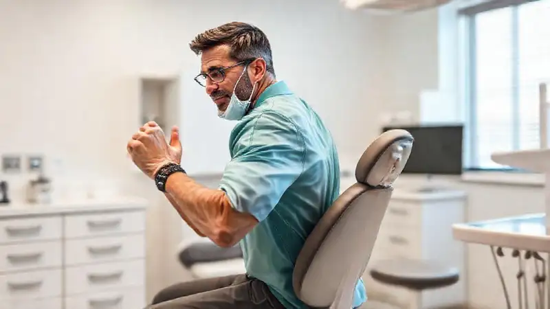 Dentista realiza ejercicios en consulta moderna y ergonómica