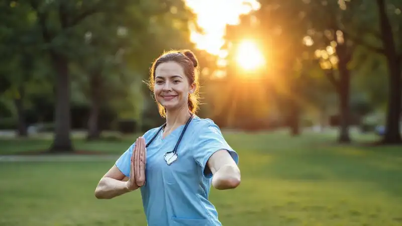 Enfermera haciendo yoga al amanecer exteriormente
