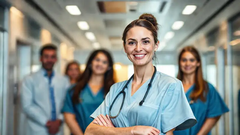 Líder de enfermería inspirando en hospital moderno
