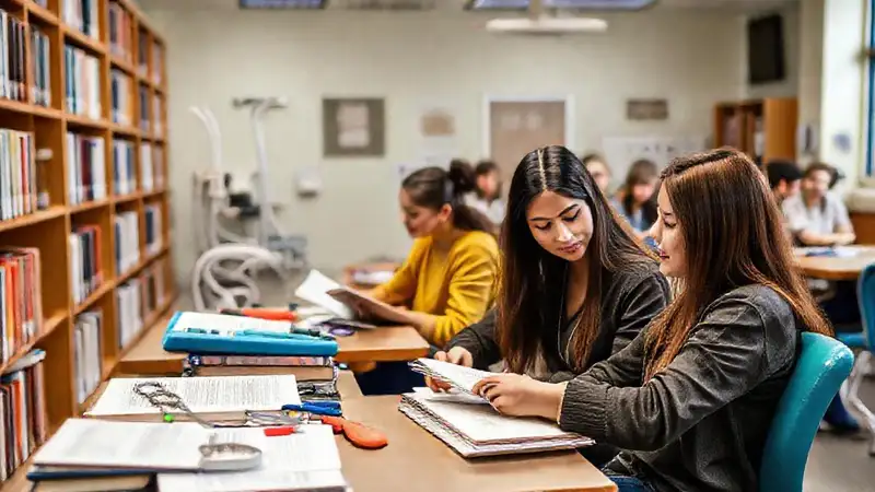Estudiantes con libros y herramientas educativas