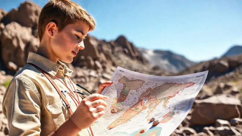 Estudiante estudia geología en paisaje rocoso