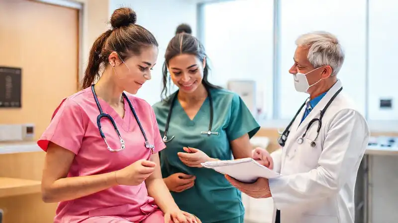 Estudiante de enfermería en examen médico en hospital