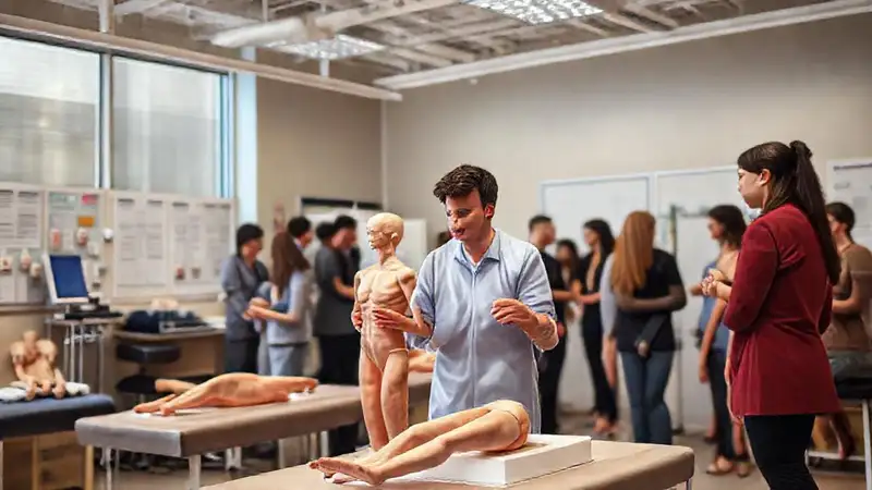 Estudiante de fisioterapia practica con modelos anatómicos