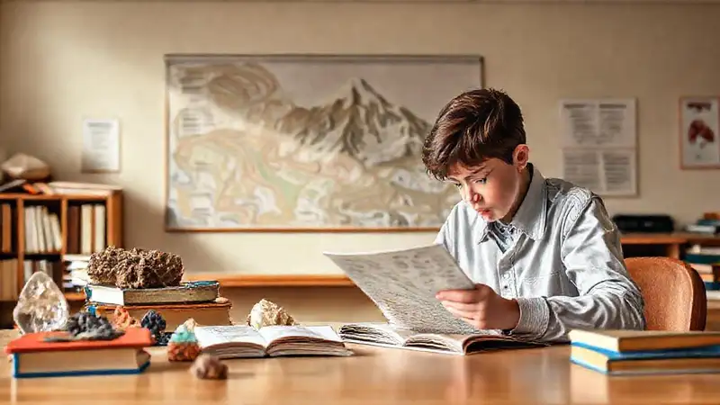 Aula de geología con mapas y minerales