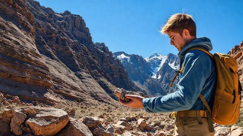 Estudiante de geología observa rocas en montaña