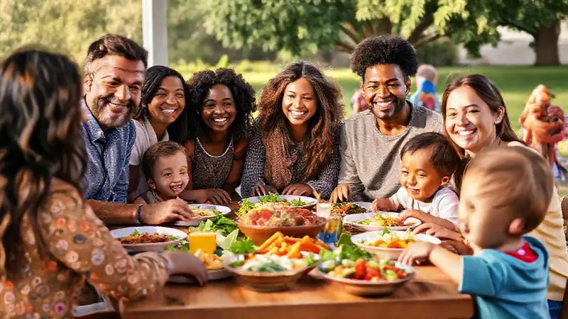 Reunión comunitaria alegre y solidaria en familia