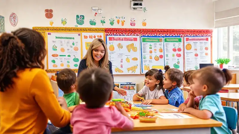 Clase divertida con maestro y posters de nutrición