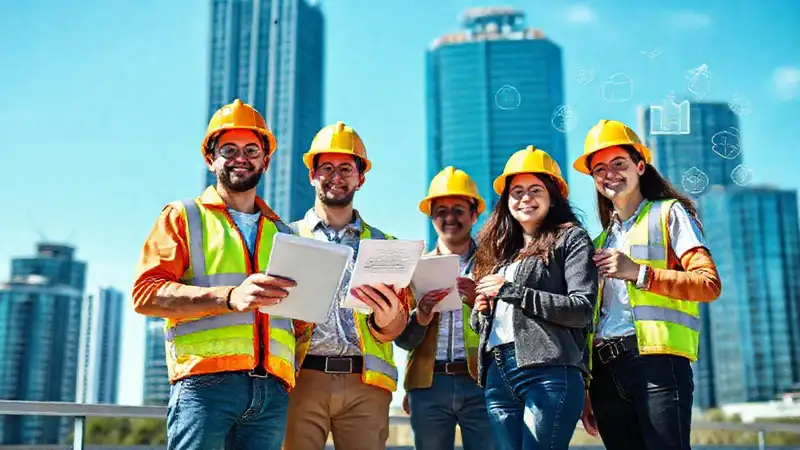 Jóvenes geólogos optimistas en ciudad moderna