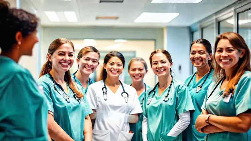 Equipo de enfermería alegre en hospital moderno