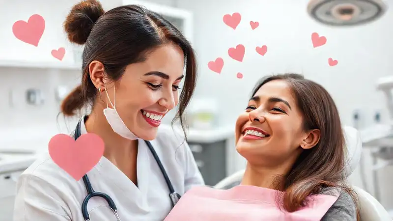 Dentista amable en clínica moderna y cálida