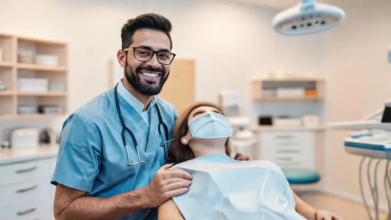 Dentista amable en clínica moderna y limpia