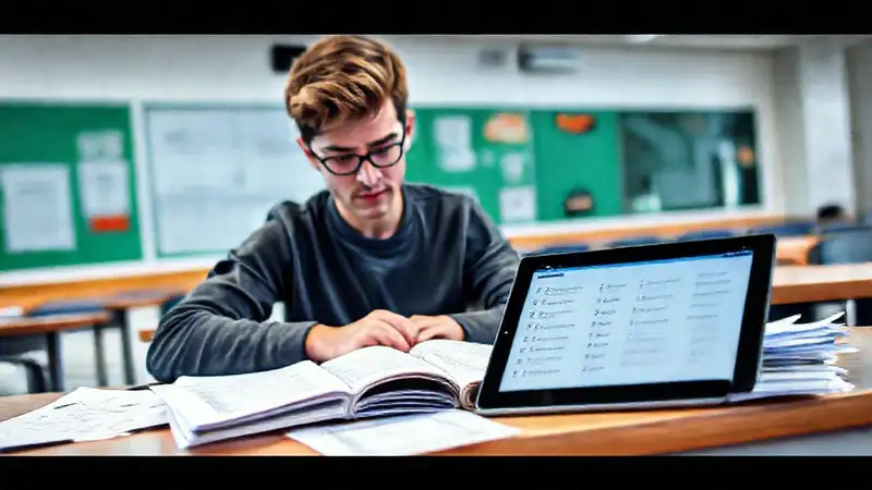 Estudiante estudia con exámenes y tablet