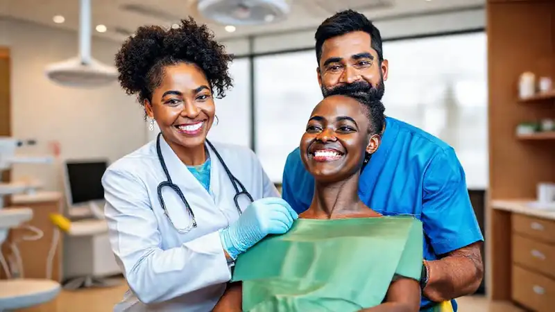 Dentista sonriente brinda atención en clínica moderna