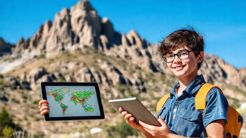 Estudiante con herramientas geológicas en outdoors
