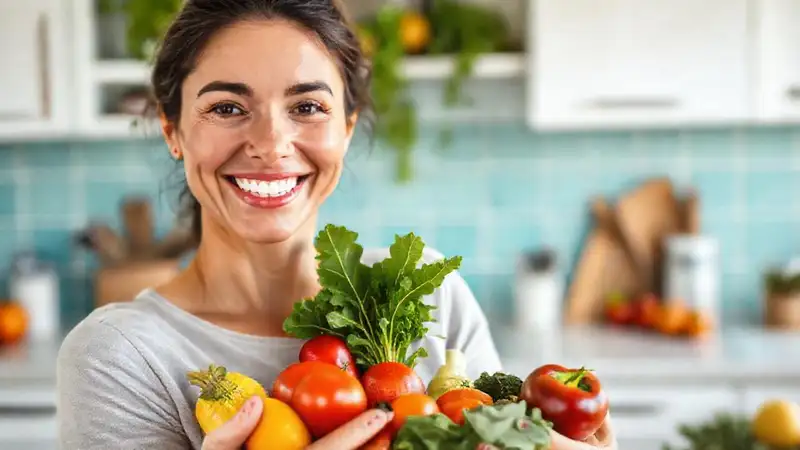 Mujer sonriente con frutas en cocina luminosa