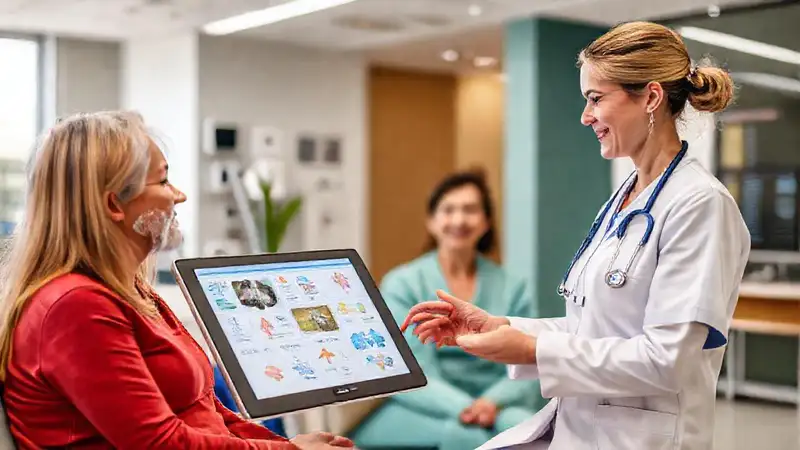 Enfermera interactúa con pacientes en entorno moderno