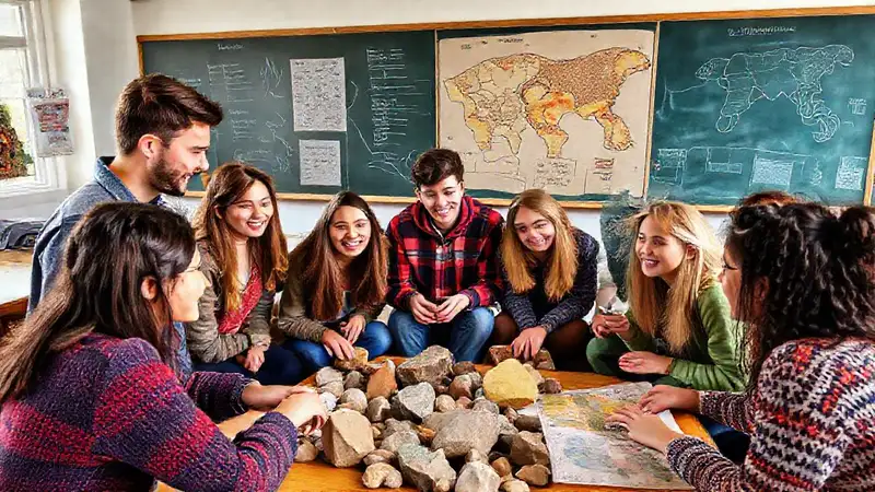Estudiantes estudian geología en aula vibrante