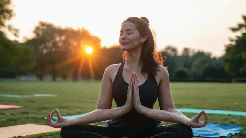 Persona practicando yoga en parque al amanecer
