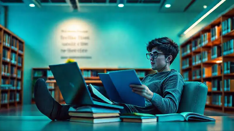 Estudiante estudiando en biblioteca tranquila y moderna
