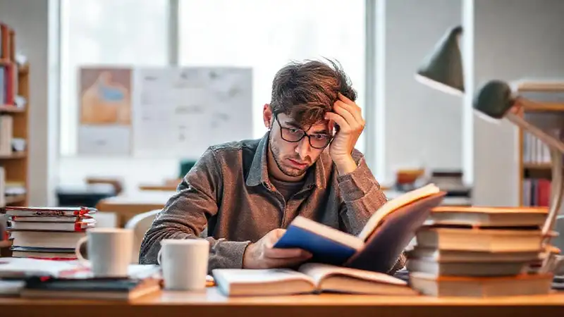 Estudiante preocupado estudiando en escritorio desordenado