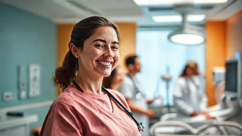 Enfermera sonriente en ambiente hospitalario cálido