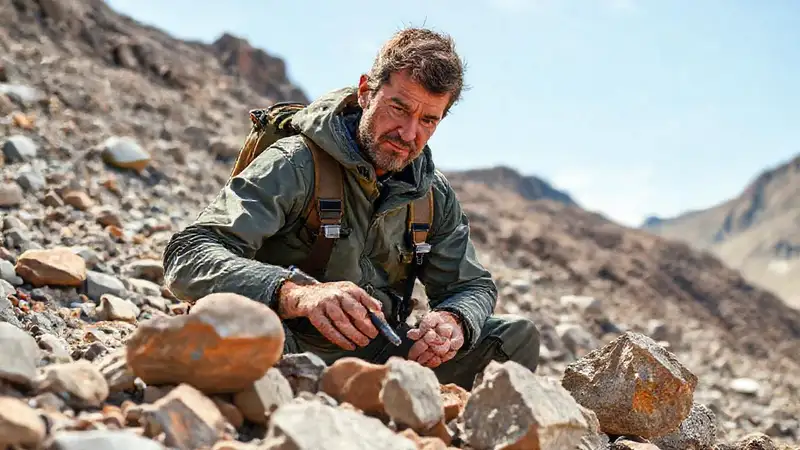 Geólogo en montaña trabajando con rocas