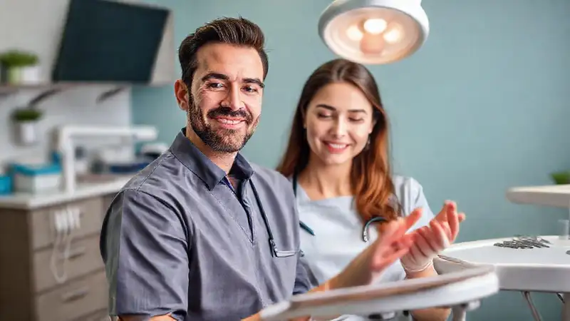 Dentista tranquilo en clínica moderna y ordenada