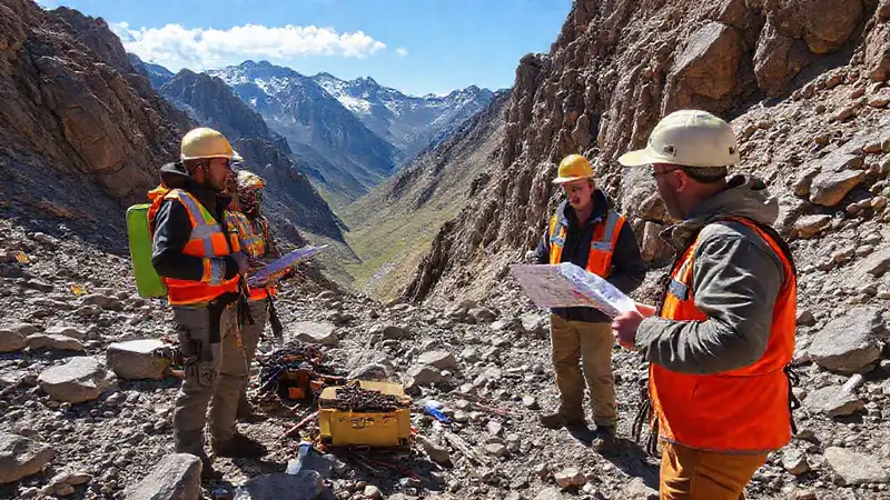 Geólogos en terreno rocoso con mapas y herramientas