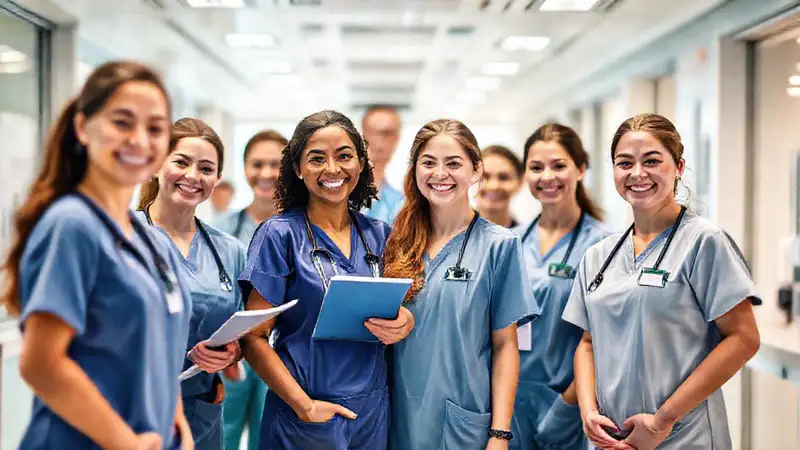 Enfermeras felices en hospital moderno colaborando