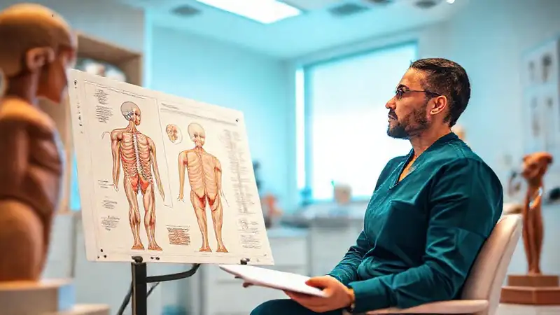 Terapeuta estudia anatomía en ambiente profesional