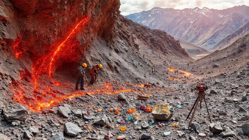 Sitio de excavación con minerales y herramientas