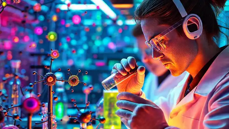Laboratorio futurista con nanomateriales y científicos