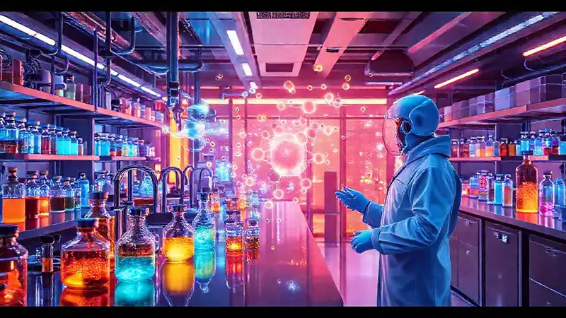 Laboratorio futurista con científicos y compuestos brillantes