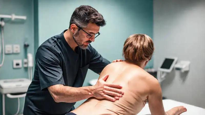 Fisioterapeuta atiende paciente en clínica moderna